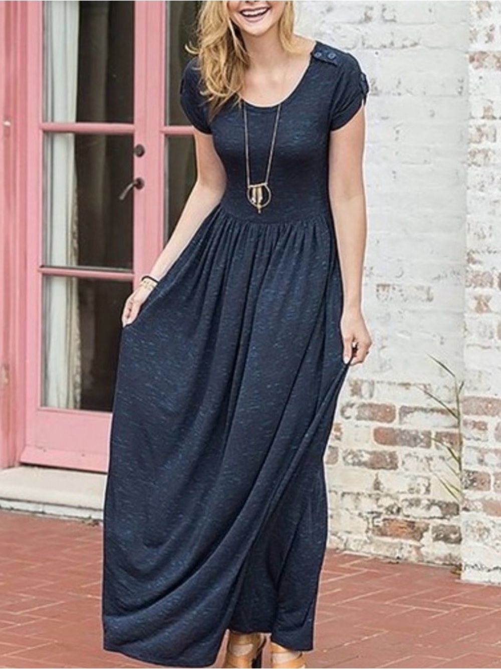 Matilda Jane Deep Water Navy Teal Speckled Maxi Dress Pockets & Button Sleeve